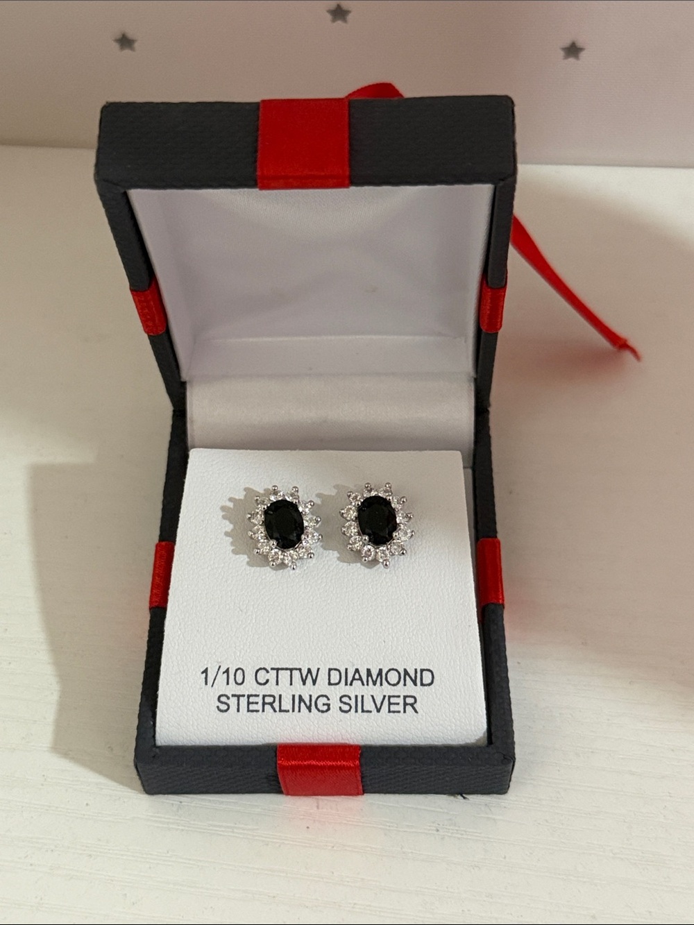 Silver Black faux Onyx Halo Diamond Stud Earrings